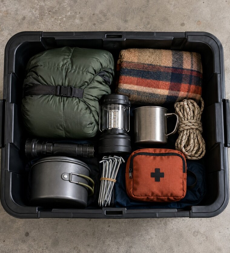 Looking down into an open black storage tote holding a rolled sleeping bag, a plaid wool blanket, an LED lantern, a steel mug, coiled rope, a flashlight, a camp cook pot, tent stakes and an orange first aid kit.